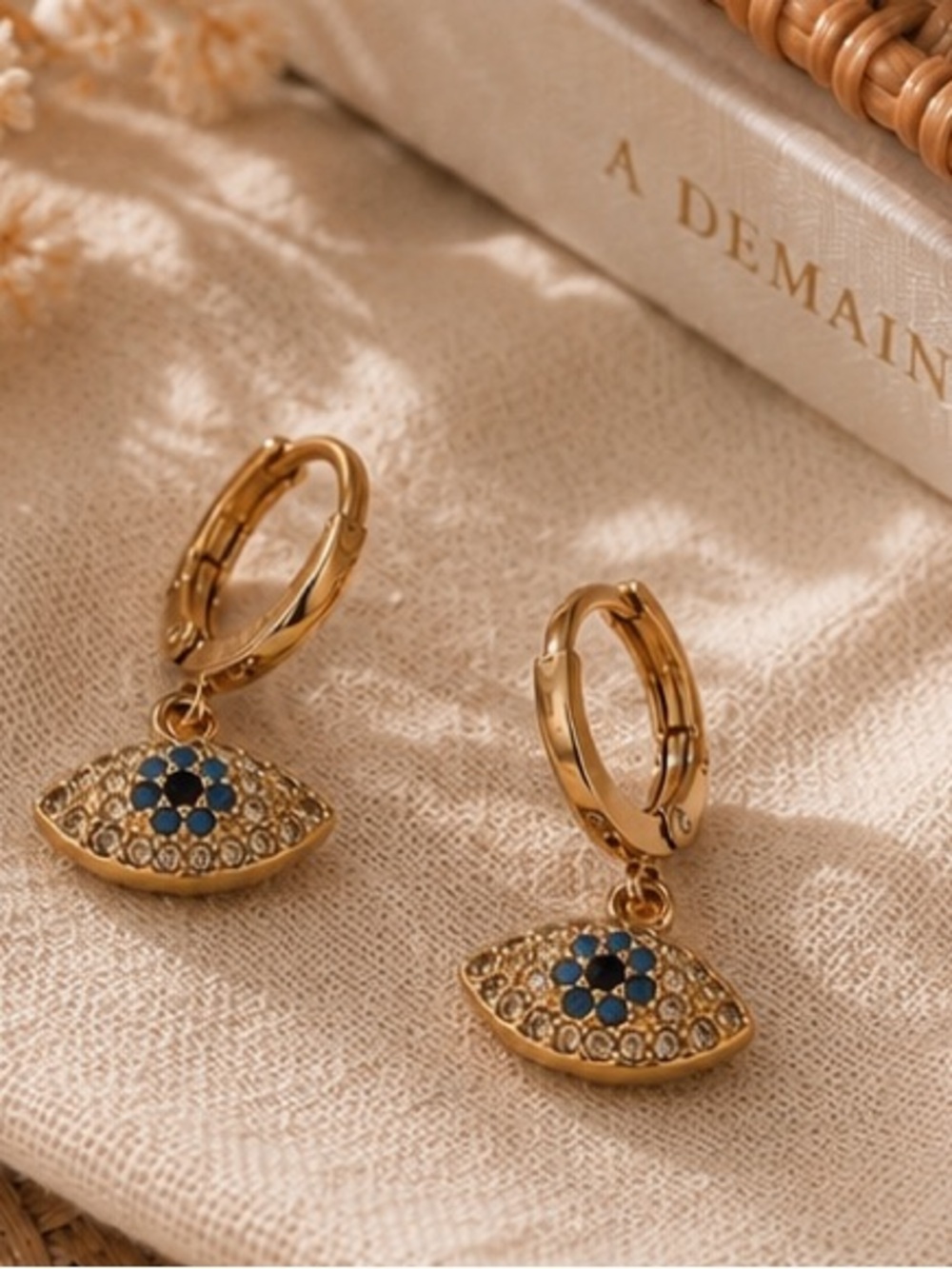 Gold Evil Eye Dangle Huggie Hoop Earrings Blue Crystal Pavé
